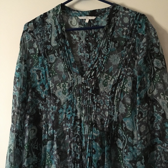 CASSIS Teal Blue Paisley Silk Chiffon Pin Tuck Mini Dress L - Picture 2 of 5